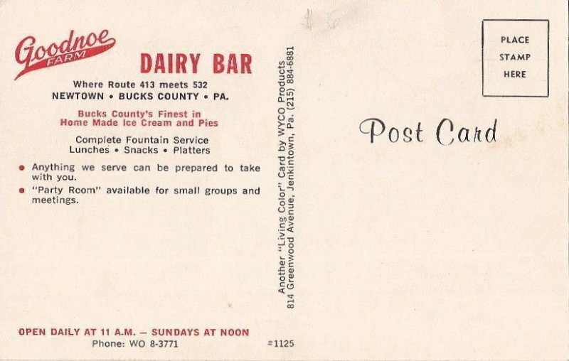 Postcard Goodnoe Farm Dairy Bar Newtown PA Bucks County