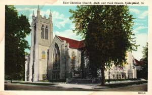 Vintage Postcard First Christian Church Sixth and Cook Streets Springfield ILL.