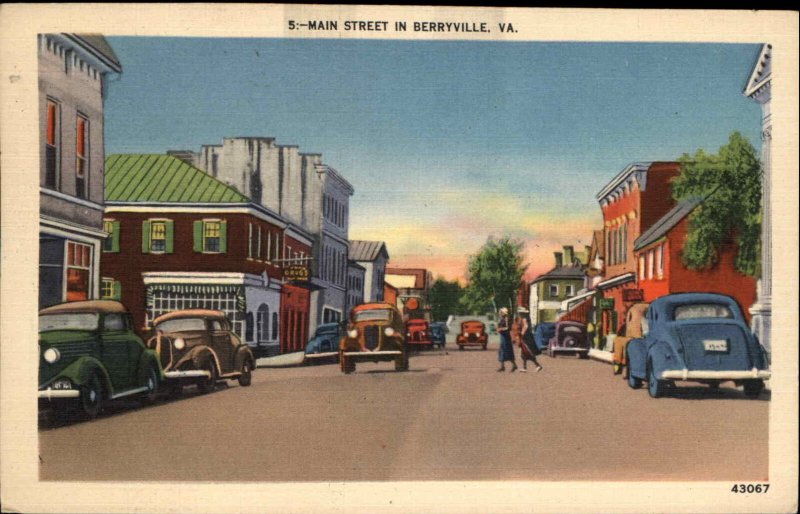 Berryville Virginia VA Main Street Classic 1930s Cars Linen Vintage Postcard