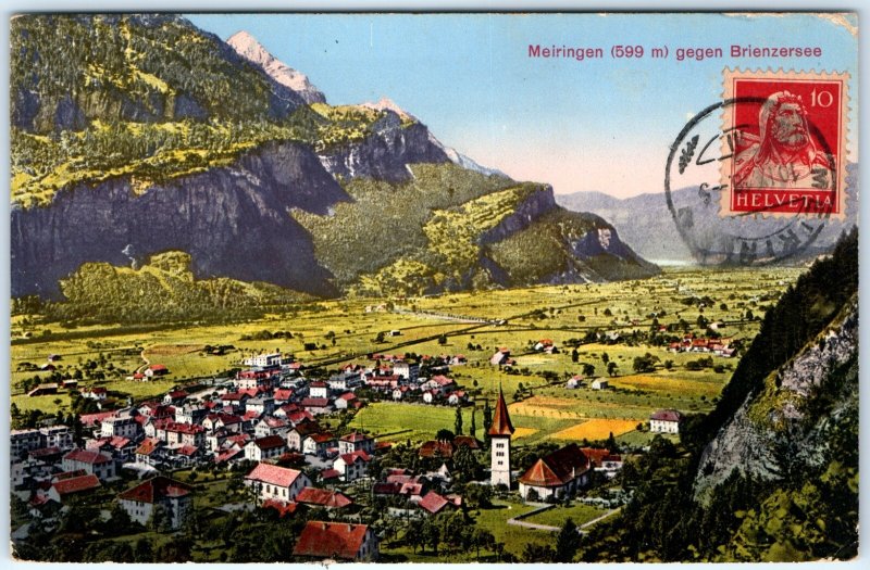 c1918 Meiringen Switzerland Postcard Swiss Alps Church Tower Brienzer Lake A376