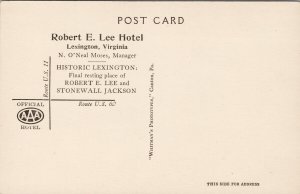 Lexington VA Robert E. Lee Hotel Unused Advertising Postcard G56