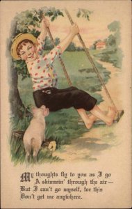 Jiminy Red Haired Little Boy Swinging with Pet Pig Vintage Postcard