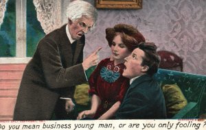 Vintage Postcard Father Scolding Daughter's Young Man Lovers Romance