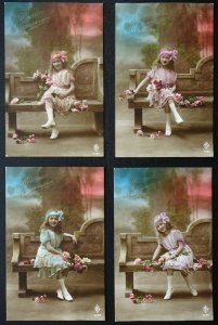 French 4 x HEUNEUX ANNIVERAIRE Young Girl with Roses - Old RP Postcard 4390