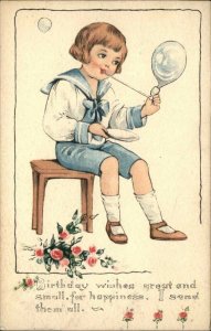 Birthday Little Boy in Sailor Suit Blowing Bubbles c1910 Vintage Postcard