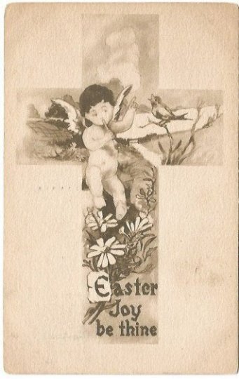 Sienna Cross with Cherub, Robbin and Daisies Vintage Postcard Easter Greeting