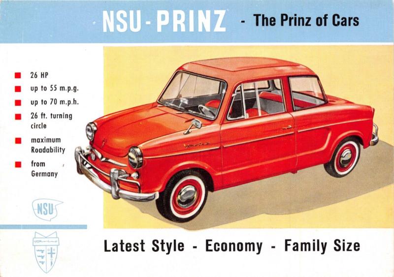 NSU PRINZ GERMAN AUTOMOBILE POSTCARD c1960s THE PRINZ OF CARS *NOT A REPRINT* 