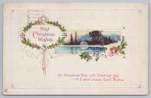 Holiday~Holly Home By Lake Best Christmas Wishes~Stecher Vintage Postcard