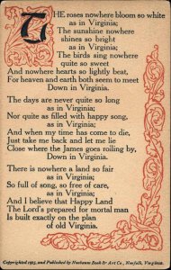 Virginia Poem Publ by Nushaum Book & Art Norfolk VA c1910 Postcard