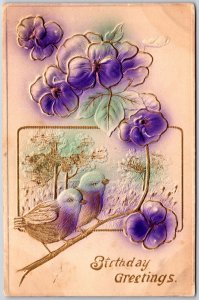1912 Birthday Greetings Embossed Flower Birds Landscape Posted Postcard