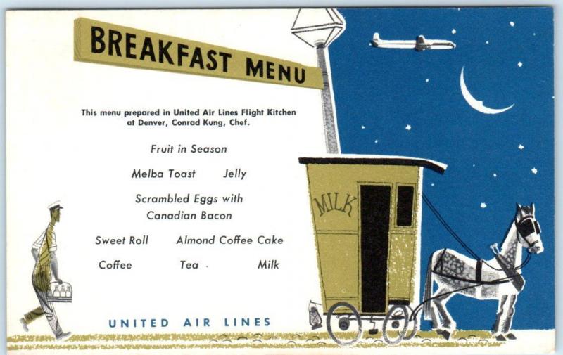 UNITED AIR LINES Airlines~Advertising BREAKFAST MENU Milk Wagon Conrad King Chef