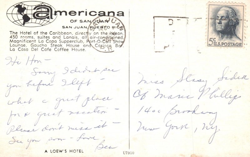 Vintage Postcard Magnificent Loew's Hotel Americana Of San Juan Puerto Rico PR