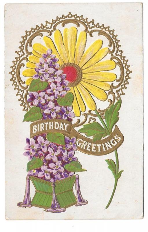 Birthday Greetings Sunflower Embossed Gilded Postcard 