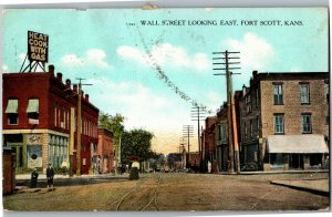 Wall Street Looking East, Fort Scott KS Vintage Linen Postcard C14