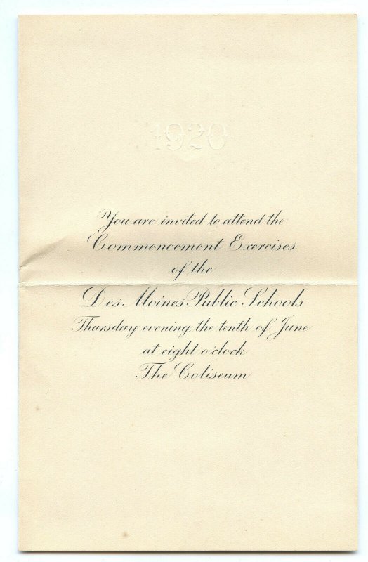 1920 Senior Class East Des Moines High School Commencement Exercise Invitation