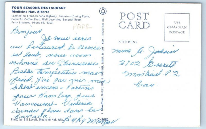 Four Seasons Restaurant MEDICINE HAT Alberta Canada Postcard