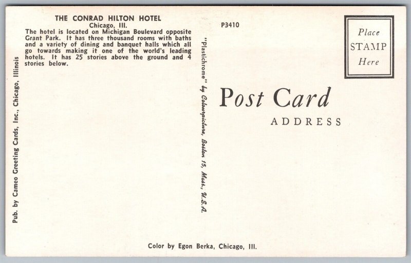 Vtg Chicago Illinois IL Conrad Hilton Hotel View Michigan Boulevard Postcard