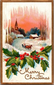 Vintage Postcard Merry Christmas Holly Winter Sleigh KO9