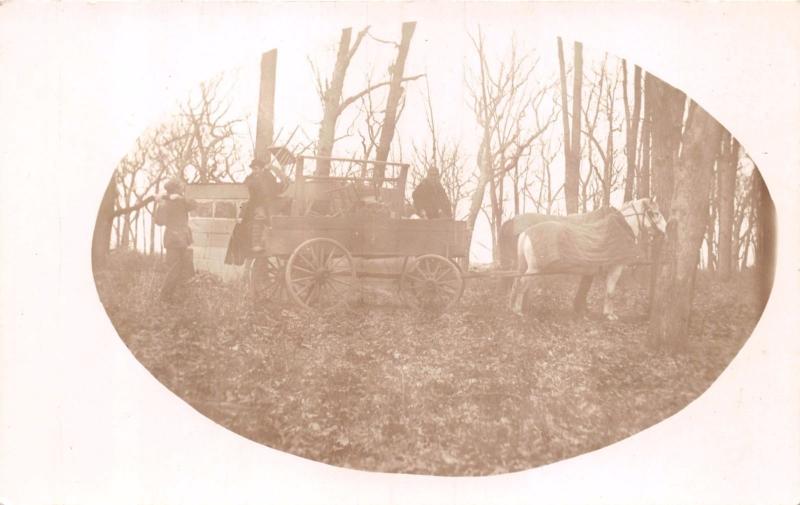 2 HORSES~WAGON~MEN FIGHTING WITH CHAIR AND STICK REAL PHOTO POSTCARD 1910s