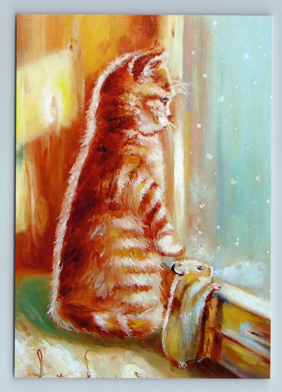 RED CAT and MOUSE Mice looks outside window Winter coming Russian New Postcard