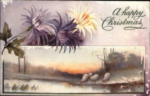 Tuck Oilette Christmas Sheep at Water Hole Flower Border c1910 Vintage Postcard