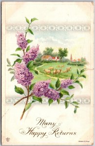 Many Happy Returns, 1915 Purple Lilacs, Grazing Sheep & Village Scene, Postcard