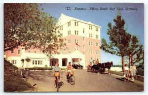 1950s BERMUDA ELBOW BEACH SURF CLUB ENTRANCE BICYCLES HORSES POSTCARD P3115