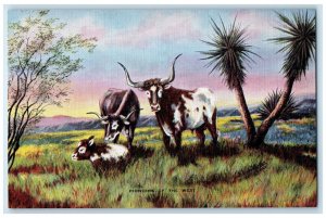 Pioneers Of The West Cows Original Painting Artist LH Dude Larsen Art Postcard