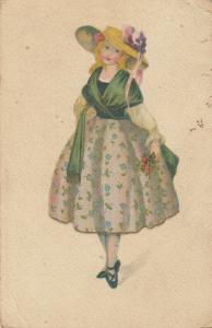 Vintage postcard unknown artist charm beauty blonde girl floral dress fantasy