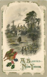 Postcard 1915 A Blessed New Year birds People Working Winsch 22-14263