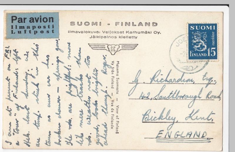 Finland; Joensuu Lutheran Church Aerial View RP PPC Local PMK, Airmail Use 