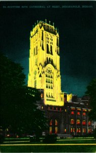 Night View Scottish Cathedral Indianapolis Indiana IN UNP Linen Postcard B9