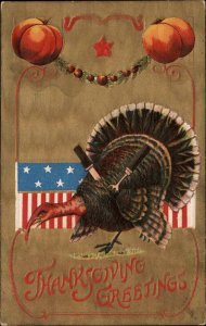 Thanksgiving Turkey Patriotic Gilt Embossed c1910s Postcard