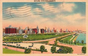 Chicago IL-Illinois, 1948 Planetarium Park Grounds Skyline, Vintage Postcard