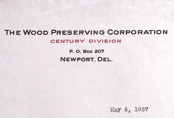 1937 NEWPORT DELEWARE THE WOOD PRESERVING CORP.  STATIONARY LETTERHEAD Z415