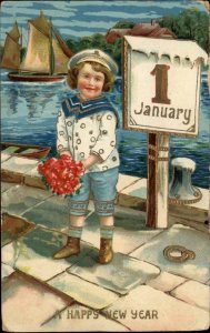 New Year Little Boy with Flowers Sailor Suit Gel Gelatin c1910 Vintage Postcard