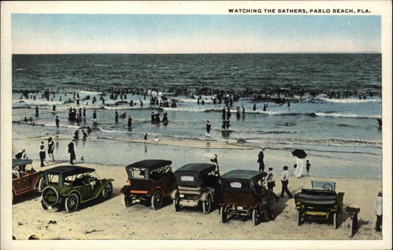 Pablo Beach Jacksonville Florida FL Classic Cars Watch Bathers Vintage Postcard