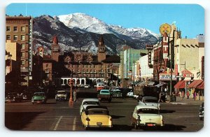 1950s COLORADO SPRINGS CO PIKES PEAK AVE ANTLERS HOTEL THEATRE POSTCARD P3741