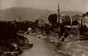 bosnia and herzegovina, MOSTAR Мостар, River and Mosque (1920s) RPPC Postcard