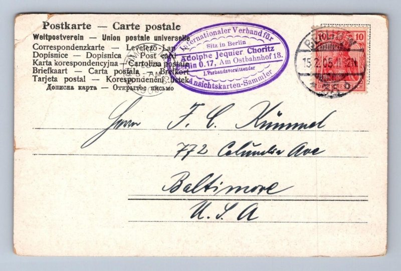 TRAIN DEPOT BERLIN GERMANY TO BALTIMORE MARYLAND POSTCARD EXCHANGE 1905