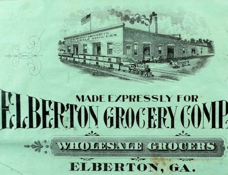 1880's-90's Elberton Grocery Company Wholesale Crate Label Engraved GA Train  *T