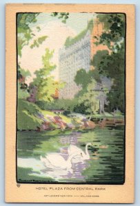 Volland Signed Artist Postcard Hotel Plaza From Central Park Swan c1910's Posted