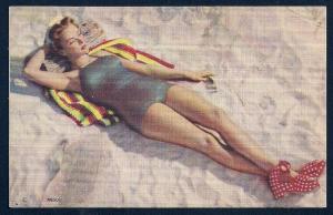 Girl in a Bathing Suit on the Beach unused c1940's