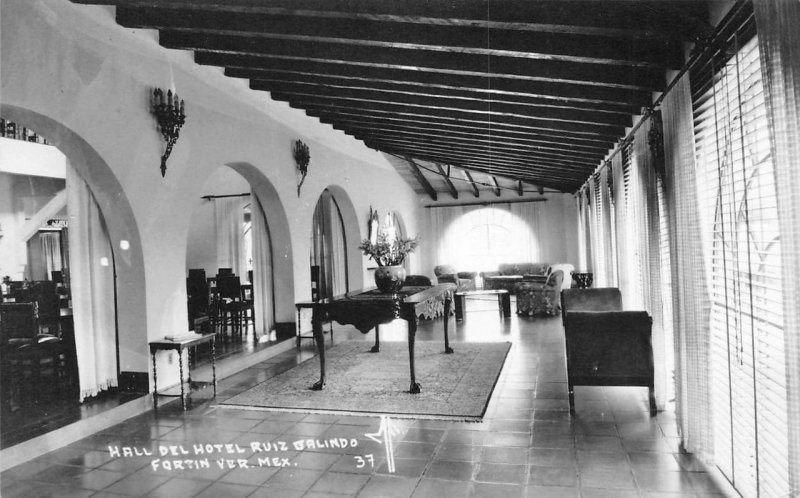 Hall Del Hotel Ruiz Galindo Fortin de las Flores, Mexico RPPC ca 1940s Postcard