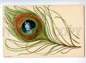 190024 ART NOUVEAU Female Head PEACOCK feather KIRCHNER old