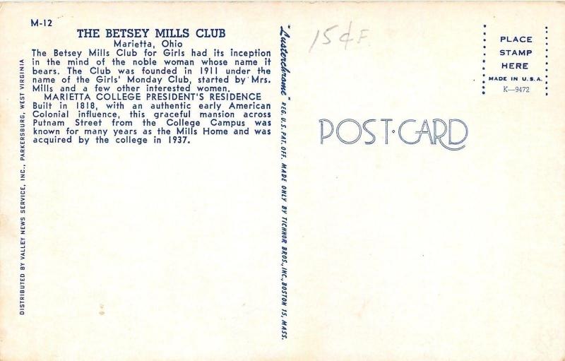 Marietta OH~Banner Greetings~Betsy Mills Girls Club~College President's Res 1950 