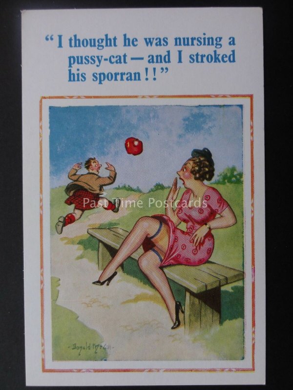 Donald McGill Postcard SUSPENDERS SCOTTISH KILT PUSSY SPORRAN STROKING c1950's