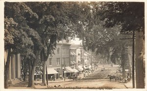 Southbridge MA Busy Main Street Horse & Wagons Trolley Storefronts, RPPC