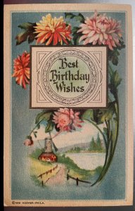 Vintage Victorian Postcard 1916 Best Birthday Wishes - Flowers on Blue