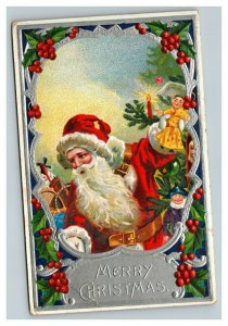 Vintage 1900's Christmas Postcard - Santa Bag of Toys Xmas Tree Mistletoe